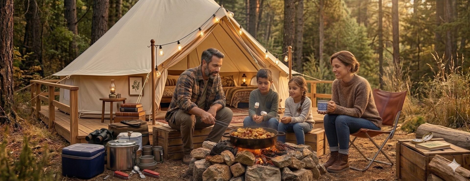 אירוח משפחות בטבע - משפחה יושבת ליד מדורה באוהל מאובזר