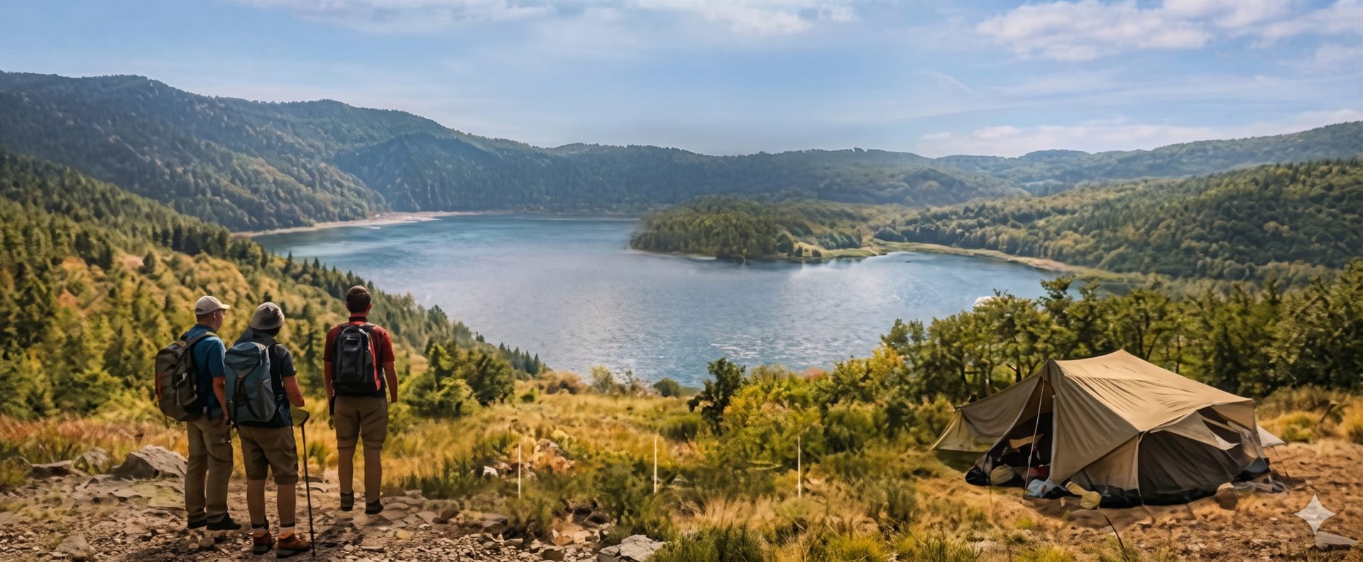 מטיילים בשביל ישראל משקיפים על נוף אגם - ליווי מסעות בשטח שביל לבן